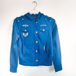 COOGI‎ Military Hooded Track Jacket Style Snap Button Shirt Blue Women's Large
